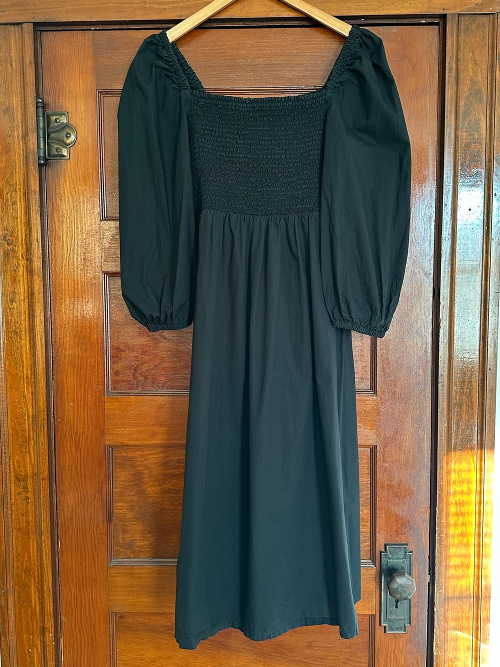 J. Crew Black Smocked Puff-sleeve Midi Dress Size Large
